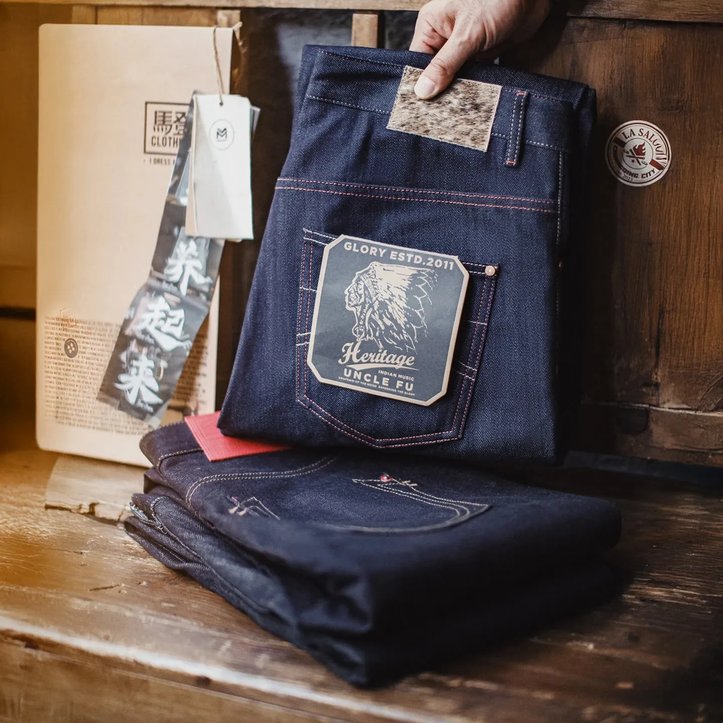 Maden Men's 100% Cotton Vintage Selvedge Raw Denim Jeans with Horse Hair Leather Patch Straight Trousers for Spring Fall Pants