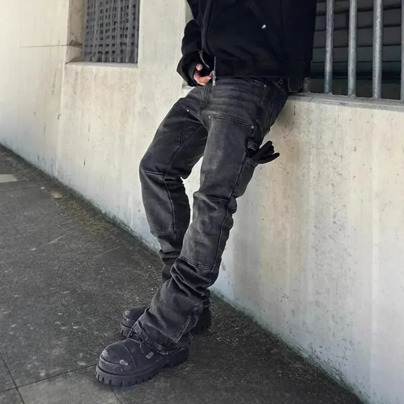 Bootcut Jeans Denim Pant Men Vintage Washed Distressed Mid Waist Slim Fit Trousers Y2k Streetwear Work Casual Splice Summer 2026 — image 3