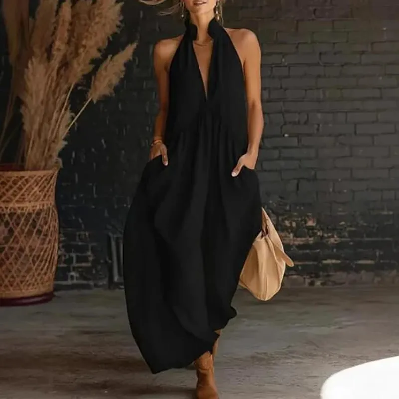 Summer Women Elegant Dress V Neck Sleeveless Pocket Loose Street Style Long Dresses For Women Casual Beach Holiday Maxi Dress