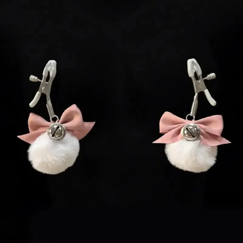 Fuzzy Bow Nipple Clips Bell Collar Body Chain Pink Breast Restraints BDSM Adult Sex Toys For Women