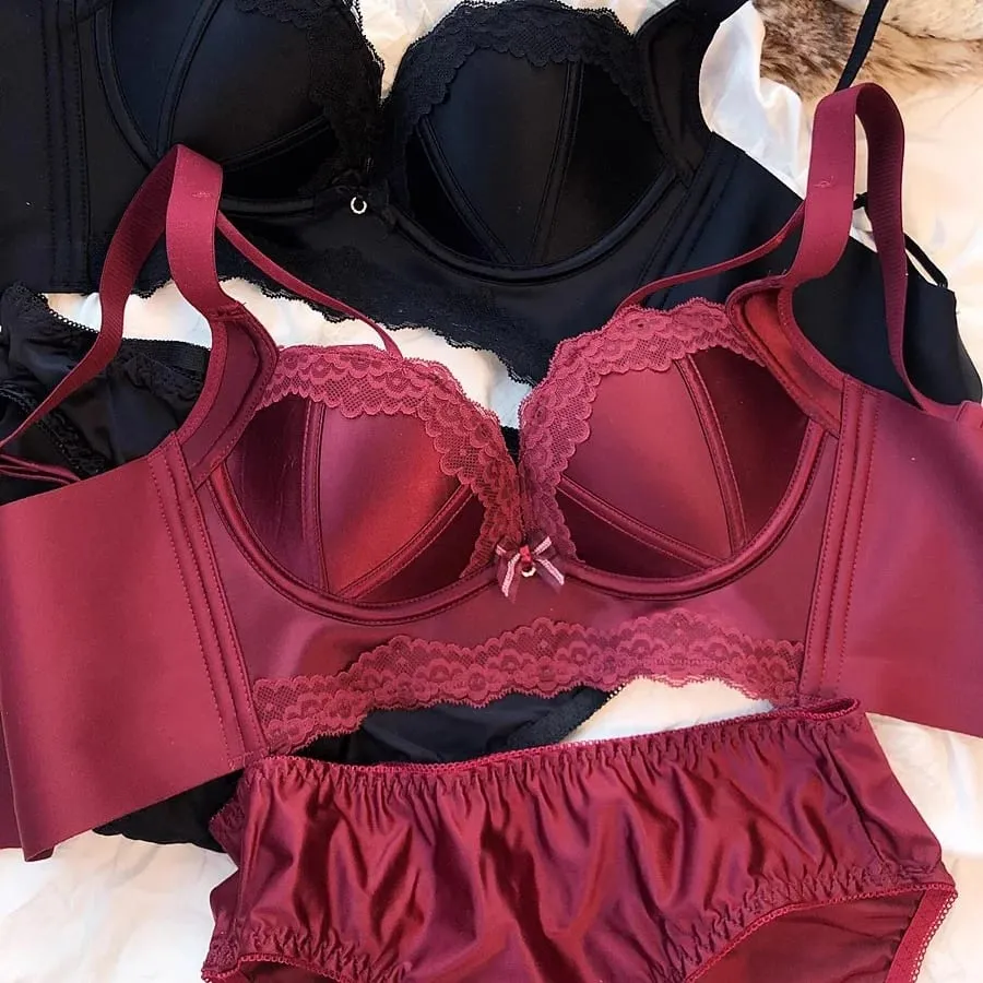 Reggiseno push up spesso senza filo di cotone, mutandine di pizzo, set di biancheria intima da donna, stile retrò rosso, senza cuciture, intimo femminile