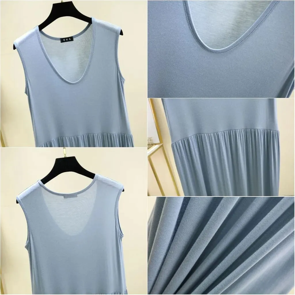 Plus Size L bis 6XL Damenkleid Modal Ärmelloses Tankkleid Plissiertes Schlafkleid Mittellange Taillenschlankungskleider Lockere Homewear — image 7