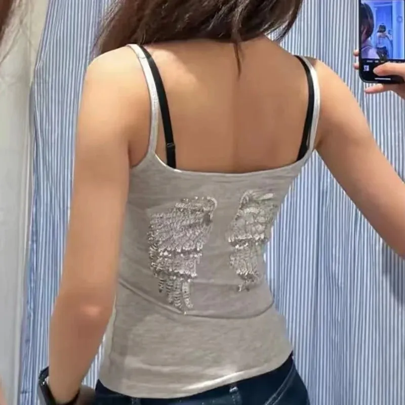 2026 Summer Women Y2K Vintage Sequin Angel Wings Back Print Spaghetti Strap Cami Top Slim Fit Casual Streetwear Party Tank Vest — image 3