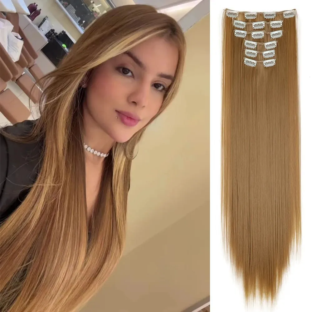 Black Hair Extensions 24"/60cm 6pcs/set Women Long Straight Synthetic Full Head Clip 16 Clips Ombre Heat Resistant Fiber Hair