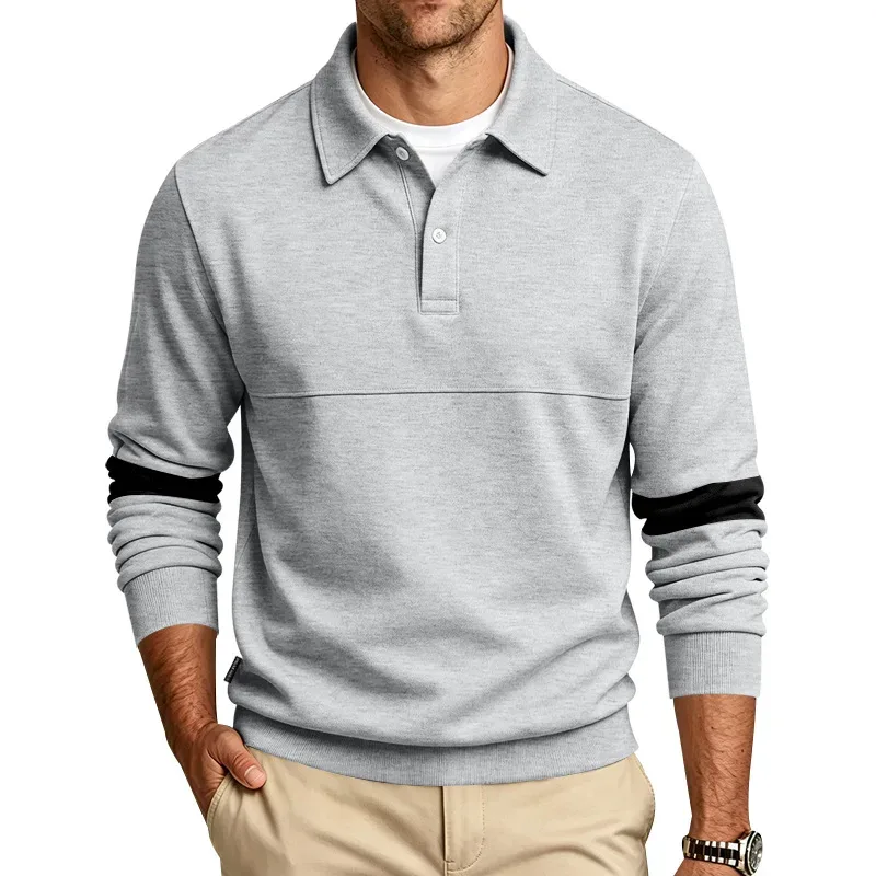 Men Lapel Polo Sweatshirt, Color Block Long Sleeve Pullover, Loose Solid Casual Top for Spring Autumn Daily Outfit — image 34
