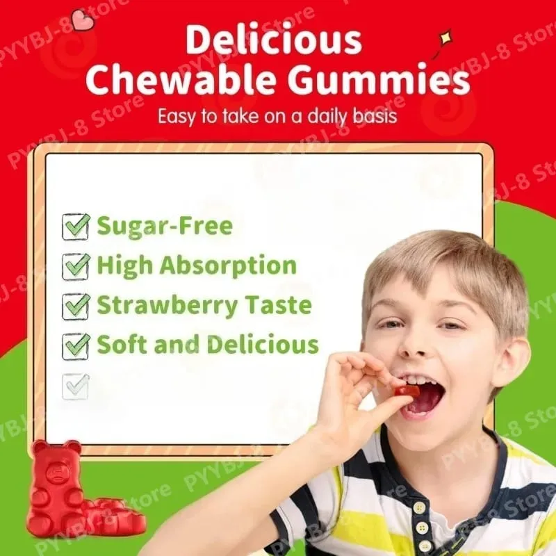 Magnesium Glycinate Gummies Strawberry Flavor with L-Theanine Vitamin B6/D3 Helps Reduce Stress and Support Muscle & Bone Health