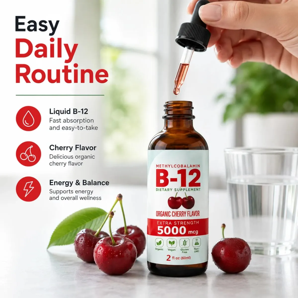 Vitamin B12 Drops 5000mcg Methylcobalamin Liquid Sublingual Supplement Cherry Flavor Vegan Sugar Free Daily Nutrition 60ml