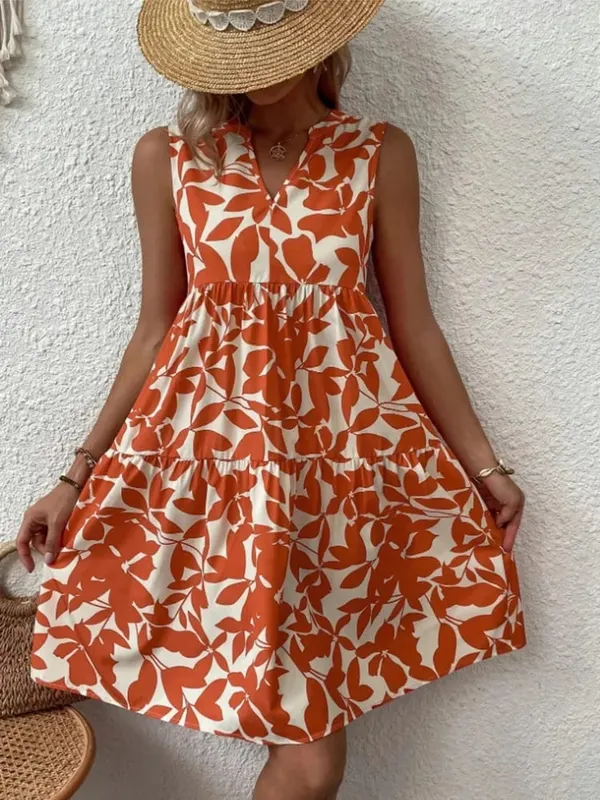 Gaun Mini Gambar Boho Wanita Gaun Tank A Line Ruffle Leher V Tanpa Lengan Elegan Musim Panas Gaun Sundress Pesta Pantai Ukuran Besar Longgar Kasual