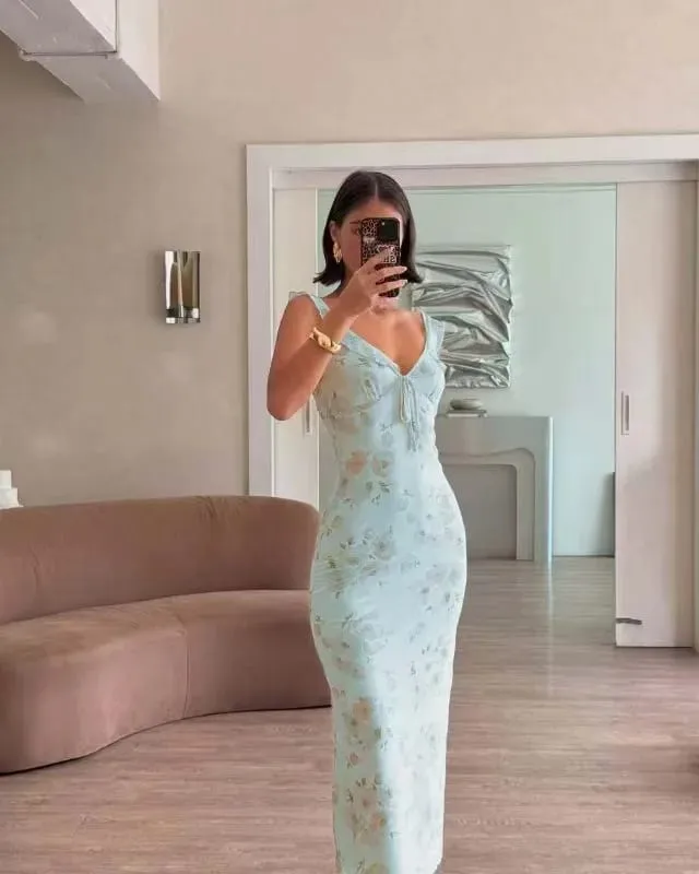Summer Flower Printed Women's Sexy Low-cut Sleeveless Backless Slim Sling Ruffles Dresses 2026 Beach Vacation Lady Vestidos