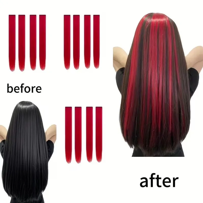 22Inch Synthetic 6pcs Long Straight Hair Extension Colored Rainbow High-Temperature Fiber Hairpiece for Women Daily Party Use