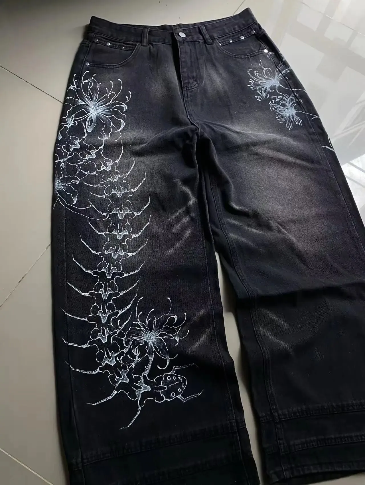 Y2K Vintage Gothic High Street Denim Black Wash Gradient Spine Spider Lily Print Wide Leg Jeans