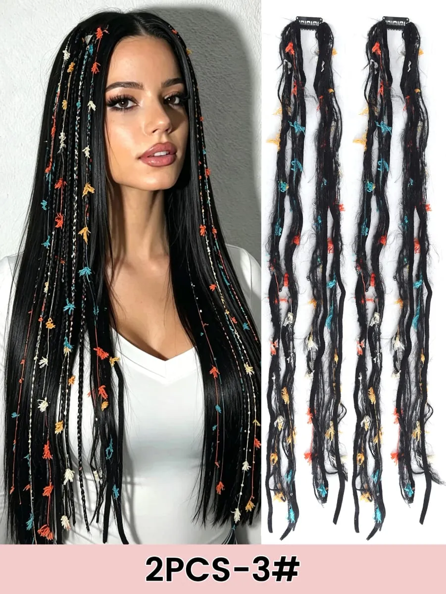 2PCS Colorful Rope Braided Hair Clip In Extensions Black Hair Dreadlock Hair Pieces Bohemian Hair Accessories For Women Daily