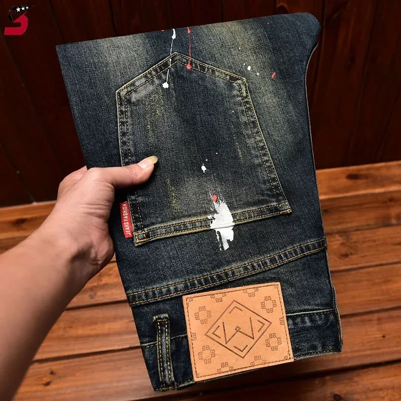 High Street Fashion Men Jeans Retro Blue Elastic Slim Fit Ripped Jeans Men Vintage Designer Stretch Casual Denim Pants Hombre