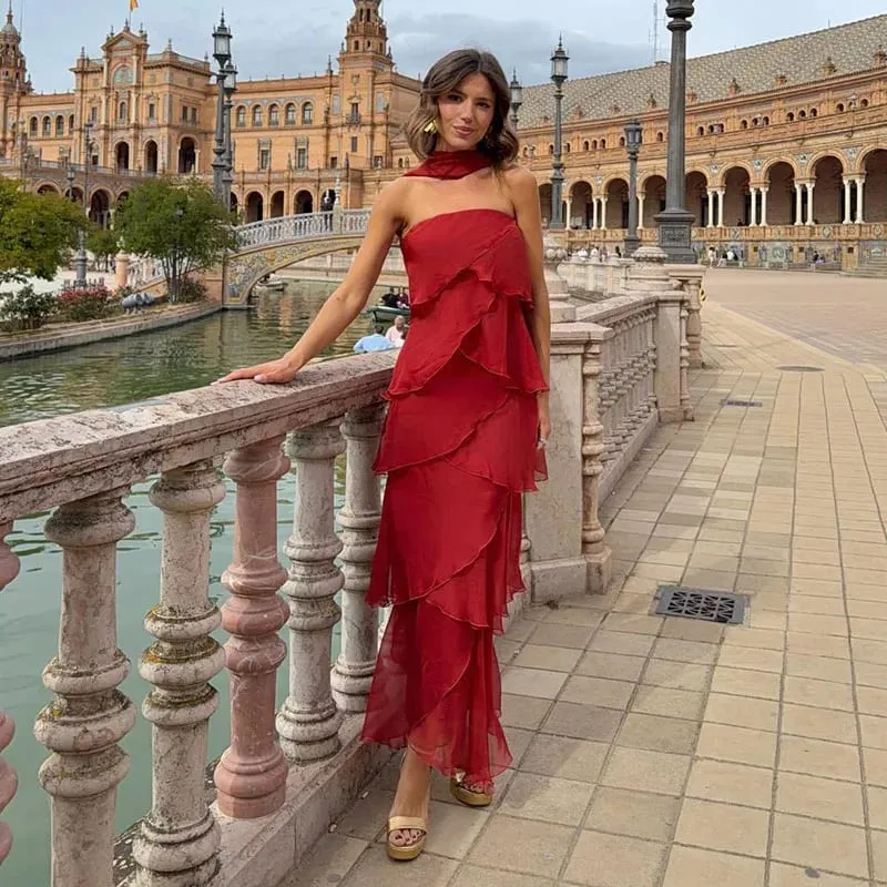 Cetak Bunga Potongan Leher Halter Gaun Maxi Berperingkat Ruffle Tanpa Lengan 2026 Musim Panas Wanita Pakaian Percutian Fesyen Boho Wanita Vestido