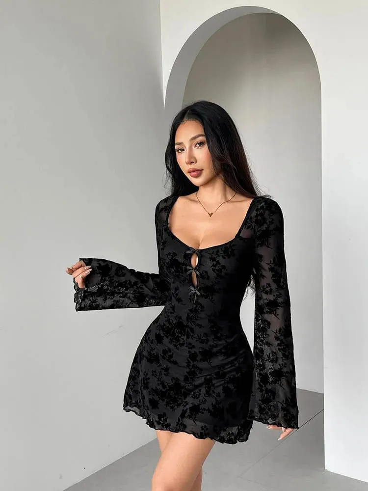 2026 Autumn New Women Floral Flocking Mesh Mini Dress Long Sleeve Square Neck Hollow Out Bow Tie Slim Bodycon Party Dresses