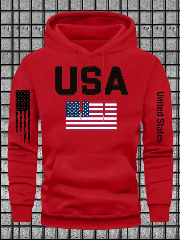 Urban patriotic-themed men's hooded sweatshirt with USA lettered and flag graphics. Street fashion design, loose turtleneck top.