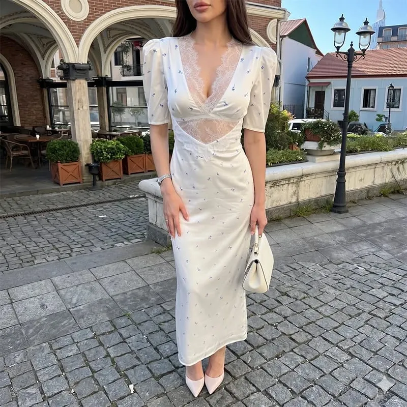 Sexy Hollow Lace Dress Women's Fashion Short Sleeve Elegant High Waist Slim Print Dress Summer Party Club Clothes Female