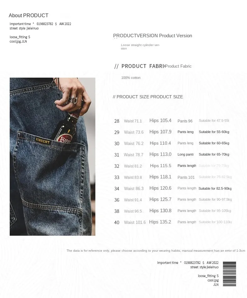 American Retro Jeans Men Autumn High StreetinsTrendy Cargo Pants Men Loose Fit Plus Size Straight Wide-Leg Pants