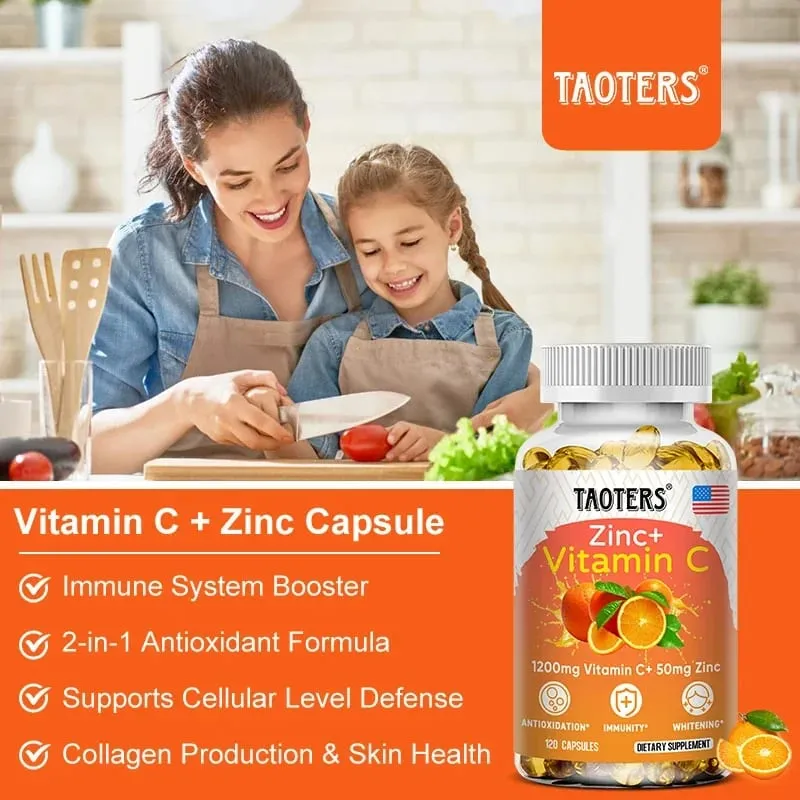 1200 Mg Vitamin C Capsules - with Zinc - Immune System and Collagen Booster Non-GMO and Gluten-Free Vegetarian