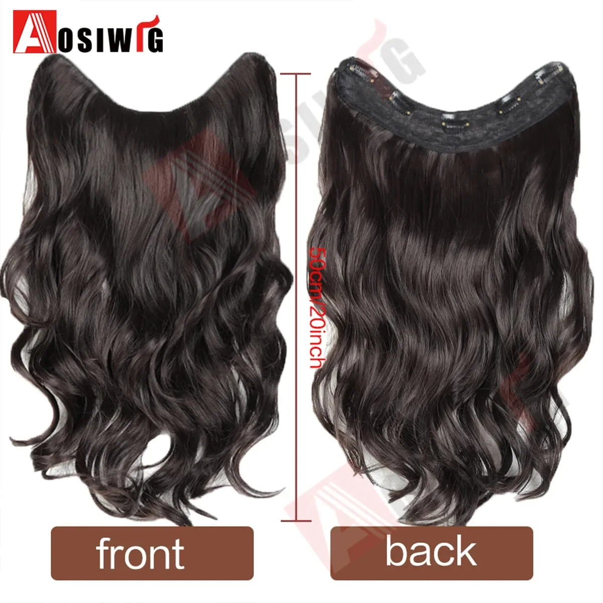 20Inch Synthetic Long Wavy Curly 5 Clip in Hair Extension Fashion Invisible V-shaped Heat Resistant Black Hairpiece for Women