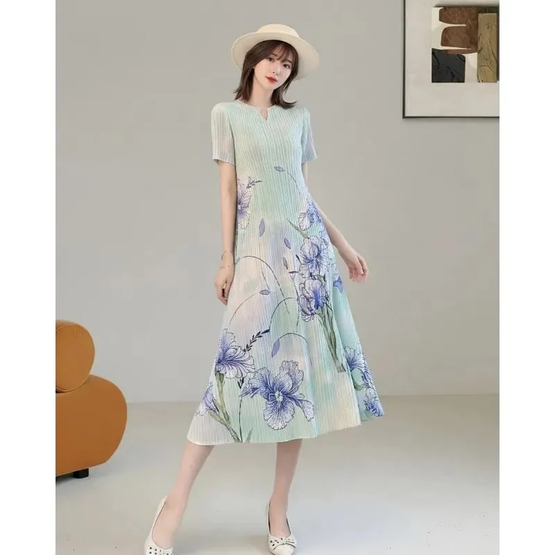 Miyake Ink Print Short Sleeve Dresses 2026 Summer New Short Sleeve Elegant Artistic Fashion Draped Elastic Women's Pleated Dress