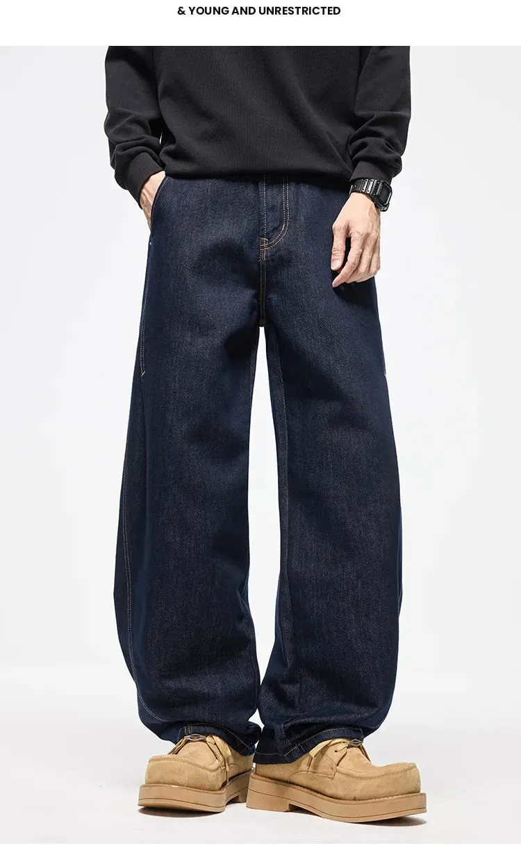 Autumn Winter 2026 New Fashion American Style Men's Dark Blue Solid Color Casual Trendy Simple Basic Wide Leg Loose Jeans Pants