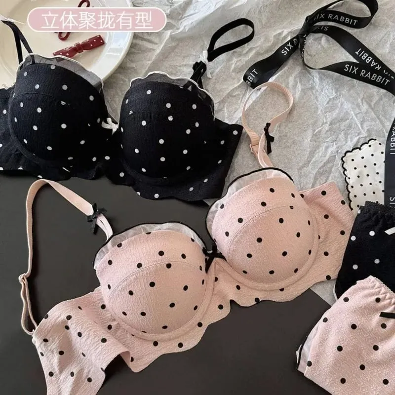 Ensemble Soutien-Gorge French Coquette à Pois Sans Armature Effet Push Up Pour Petite Poitrine Forme Pêche Confortable et Sexy