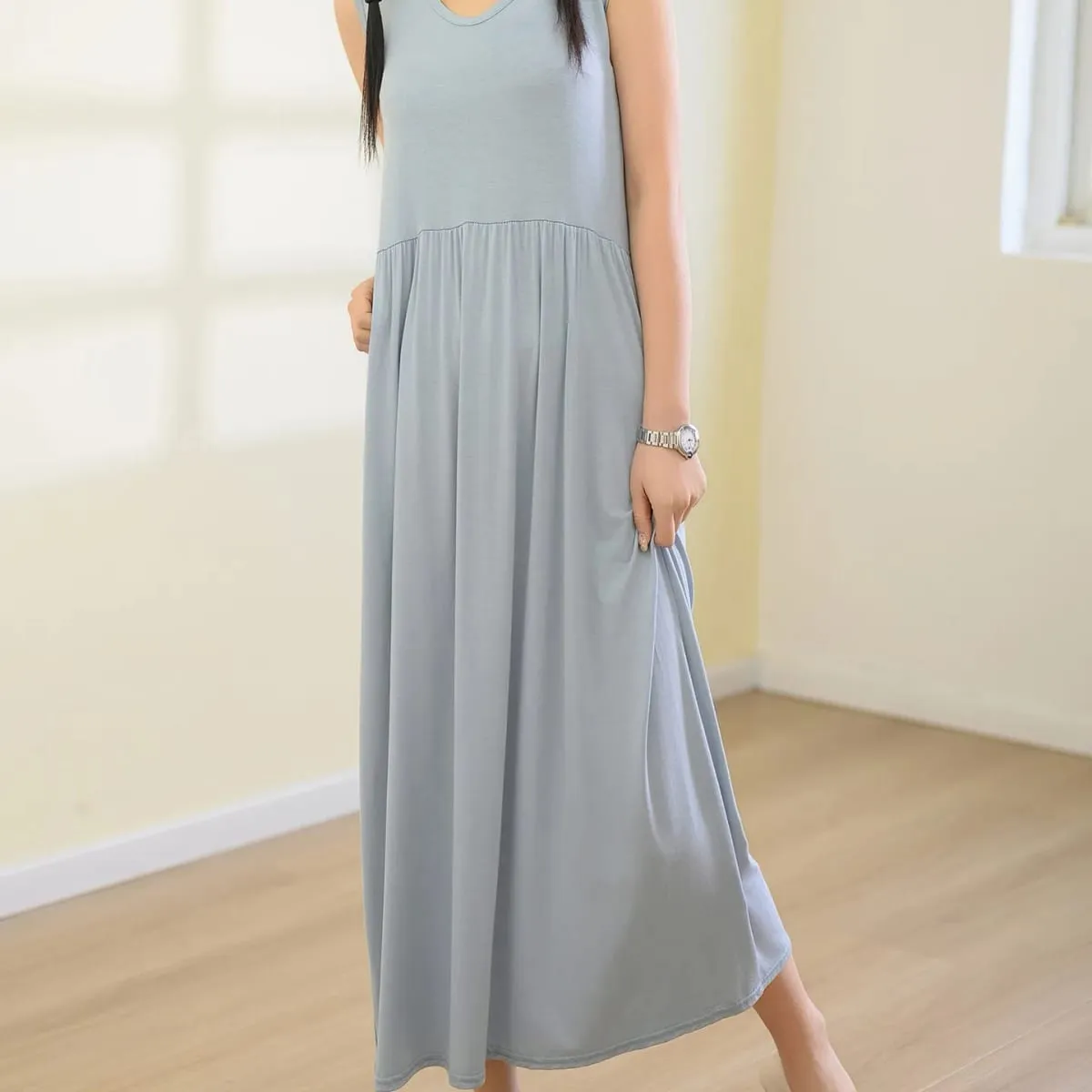 Plus Size L bis 6XL Damenkleid Modal Ärmelloses Tankkleid Plissiertes Schlafkleid Mittellange Taillenschlankungskleider Lockere Homewear — image 4