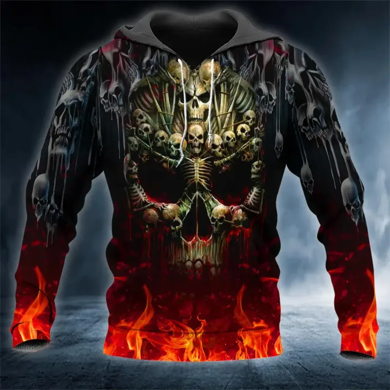 Men Hoodies 3D Print Horror Flaming Skull Graphic Fashion New Style Casual Pullover Personality Oversize Men Clothing Tops
