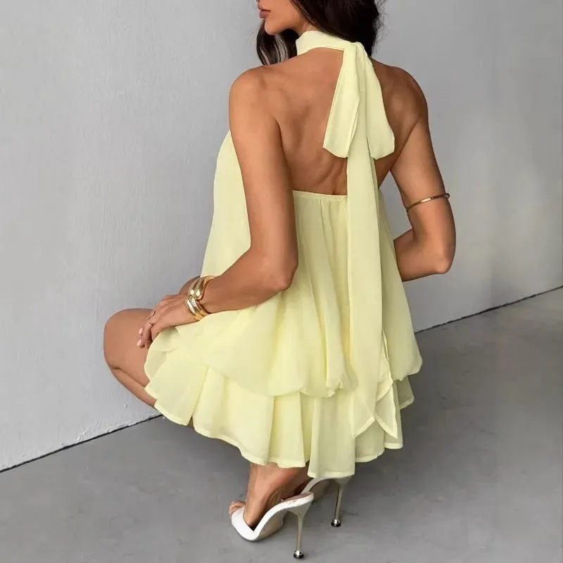 Sexy Women Chiffon Sleeveless Halter Backless Dress Lady Solid Color Tie Waist Slim Flared Dress Summer Beach Vacation Outfit
