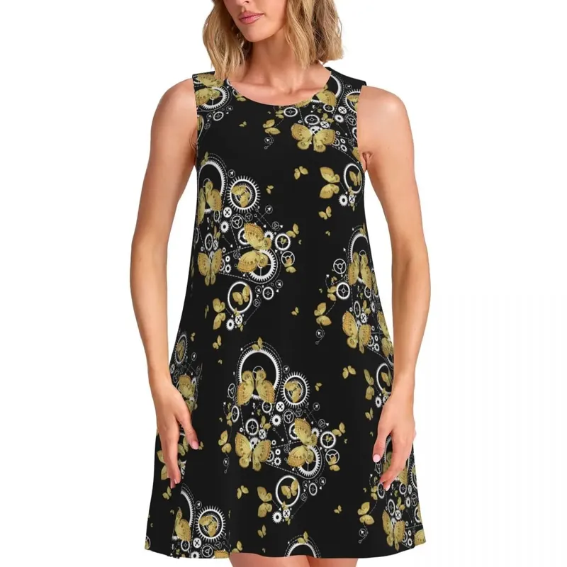 Gold Chain Casual Dress Vintage Print Korean Fashion Dresses Sleeveless Cute Dress Cheap Crew Neck Female Print Clothes