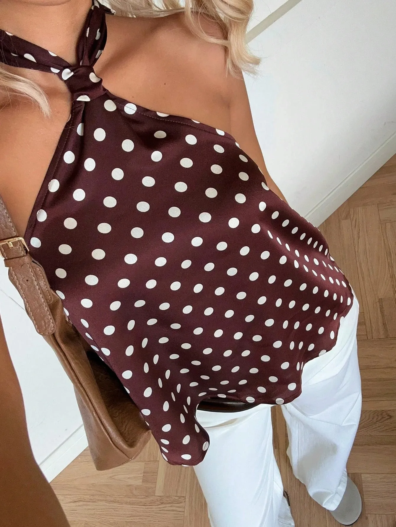 Women's Fashion Polka Dot Print Halter Necktie Top One Piece Round Dot Patterned Halter Style Vest-Style Upper Apparel