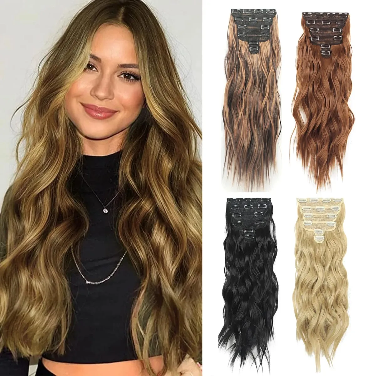 Jeedou 185g Thick Soft Hairpieces Clip in Hair Extensions 6PCS Water Wavy Long 24Inch Synthetic Hair for Women Party Daily Use