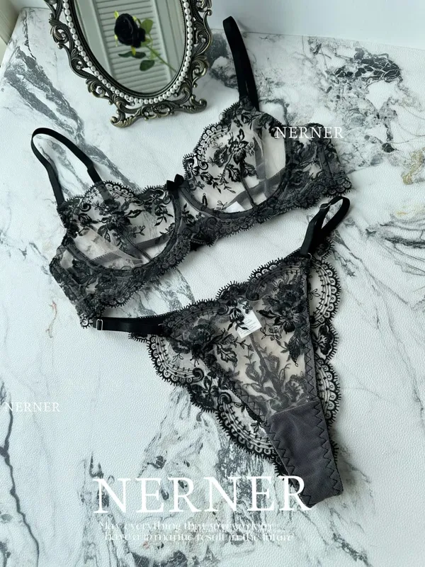 Sexy Transparent Lace Bra French Embroidery Thin Push‑Up Gather Bra For Men Crossdresser Sheer Lingerie Underwear