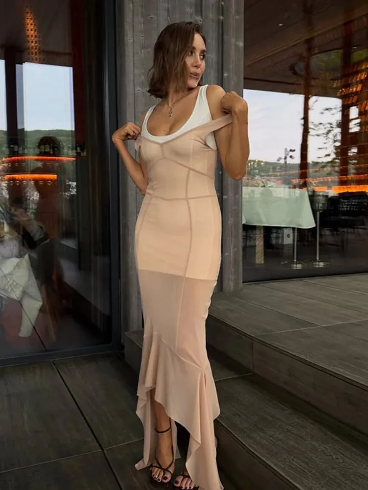 Sheer Mesh Overlay Spaghetti Strap Midi Dress Waist Cinched Sleeveless 2026 Summer Women Accessories Trendy Classy Lady Outfit