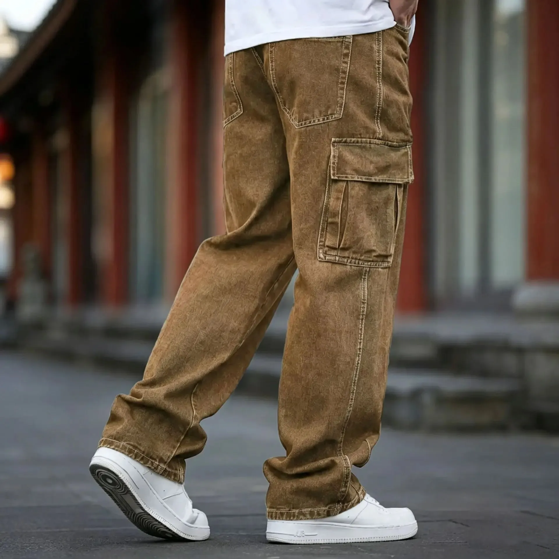 Men Baggy Cargo Jeans Retro Army Style Loose Fit Multi‑Pocket Denim Trousers Men's Casual Daily Outdoor Street Work Pants