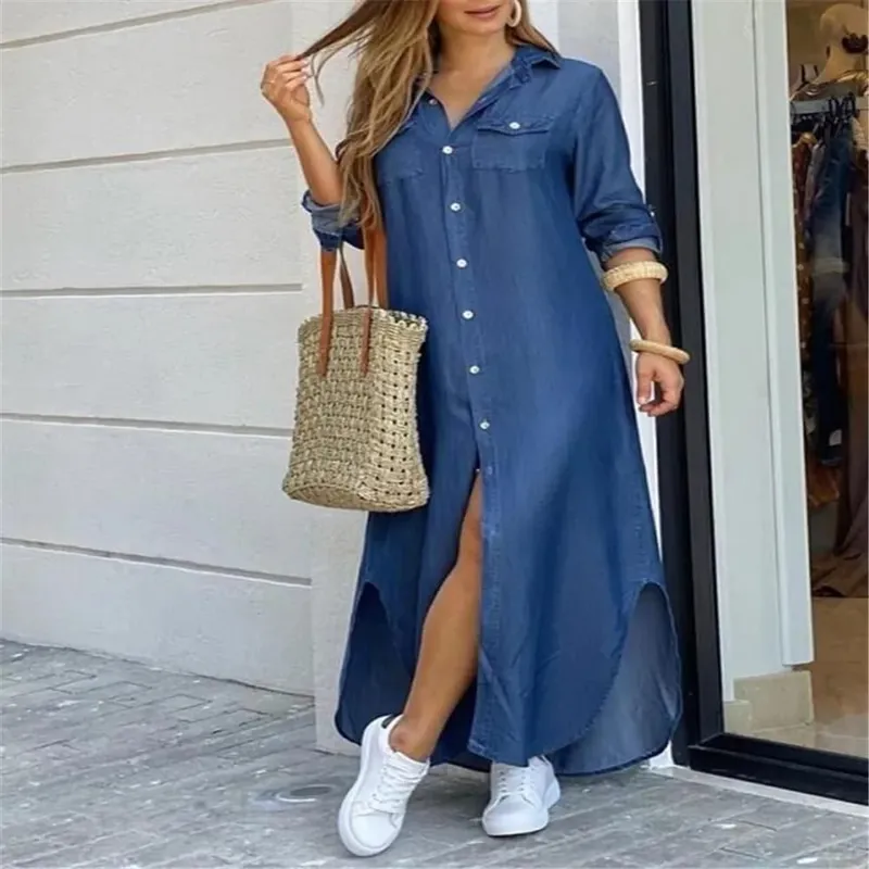 Women Dresses Fashion Sexy Single-breasted Dress Loose Lapel Casual Women's Clothing Literary Printing Long Shirt Skirt