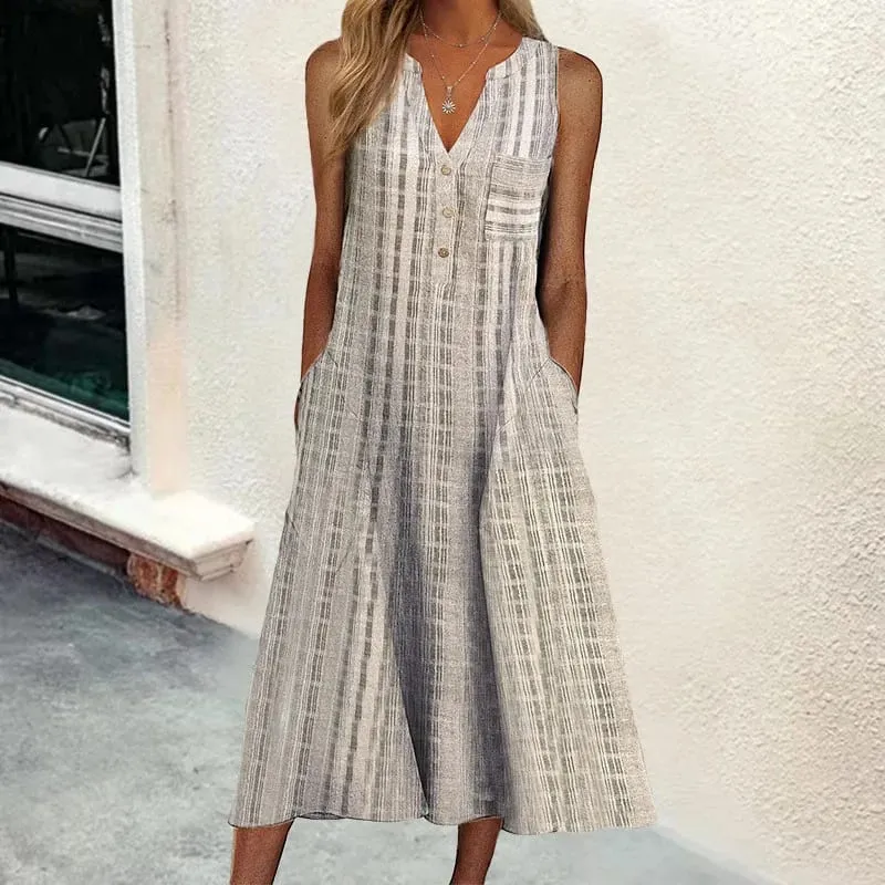 Summer New Women's Dresses V-Neck Sleeveless Button Loose Striped Print With Pocket Casual Beach Dresses
