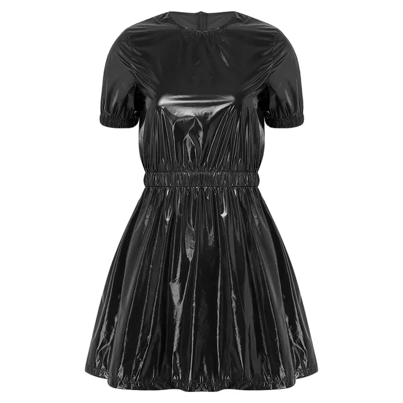 Women Waterproof Vinyl Regency Dress Victorian Party Sleep Dress Puff Short Sleeve Empire Waist Lapel Dress Nightgown Rave Party