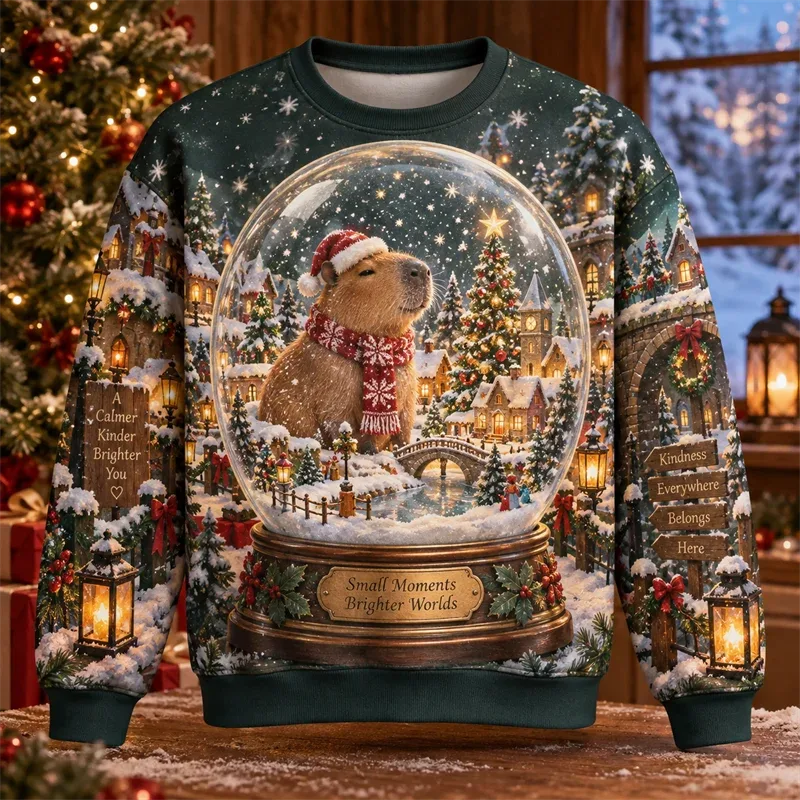 Capybara Christmas Sweater Funny Animal Holiday Graphic Crewneck Xmas Pullover Winter Party Gift Casual Streetwear Festive Top