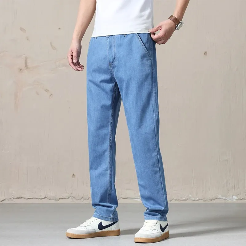 New Spring Summer Light Blue Men's Jeans Business Straight Cotton Black Casual Pants Trousers for Male Plus Size 28-40