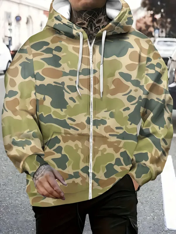 Men's Camouflage Graphic Zipper Hoodie Long Sleeve Casual Outdoor Jacket Drawstring Loose Comfortable Men's Sweatshirts Clothing