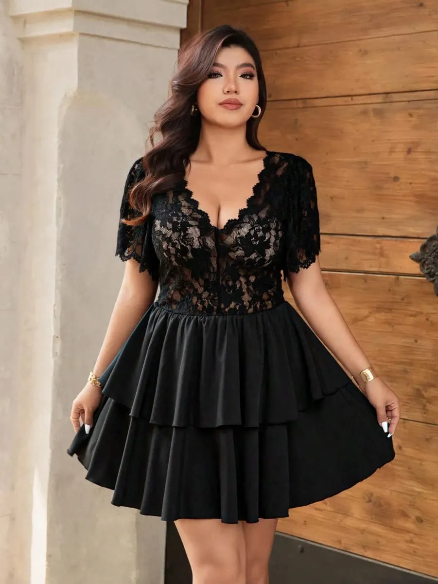 Elegant Lace Hollow Patchwork Cake Dress Plus Size Women's Dress Summer Vintage Ruffle Hem Party Evening Gown