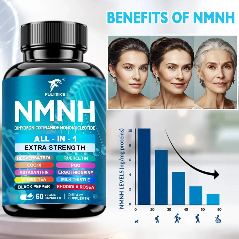 Supplement Capsules NAD+ Booster All-In-1 lmmune System Energy 60 Pills - Suitable for Men & Women - Daily Supplement