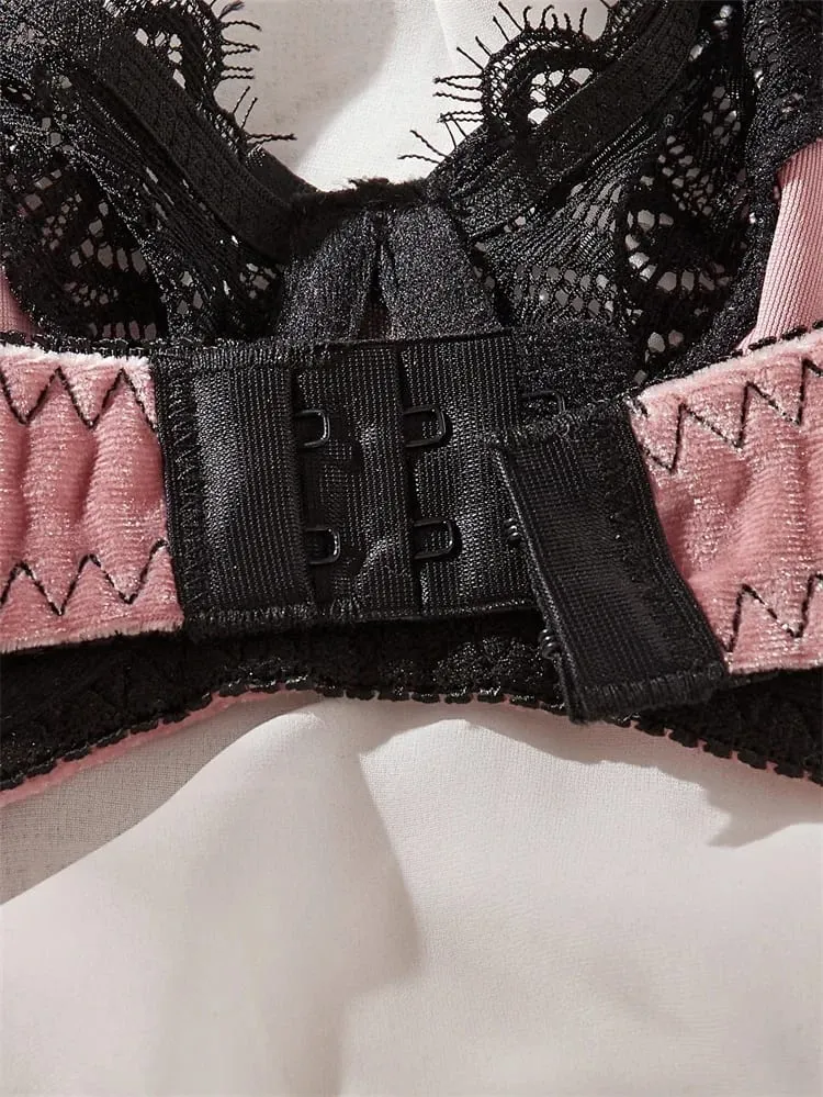 Sexy Lingerie Luxury Velevet Lingerie Set Sweet Lace Splicing Sexy Bras French Underwear Women Set Three-point Intimate Lingerie