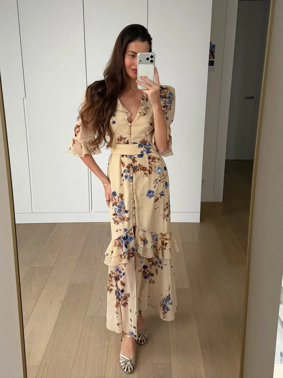 Floral Print Ruffle V Neck Waist Cinching Long Dresses Split Hem Single Breasted Maxi Dress 2026 Party Beach Vacation Vestidos