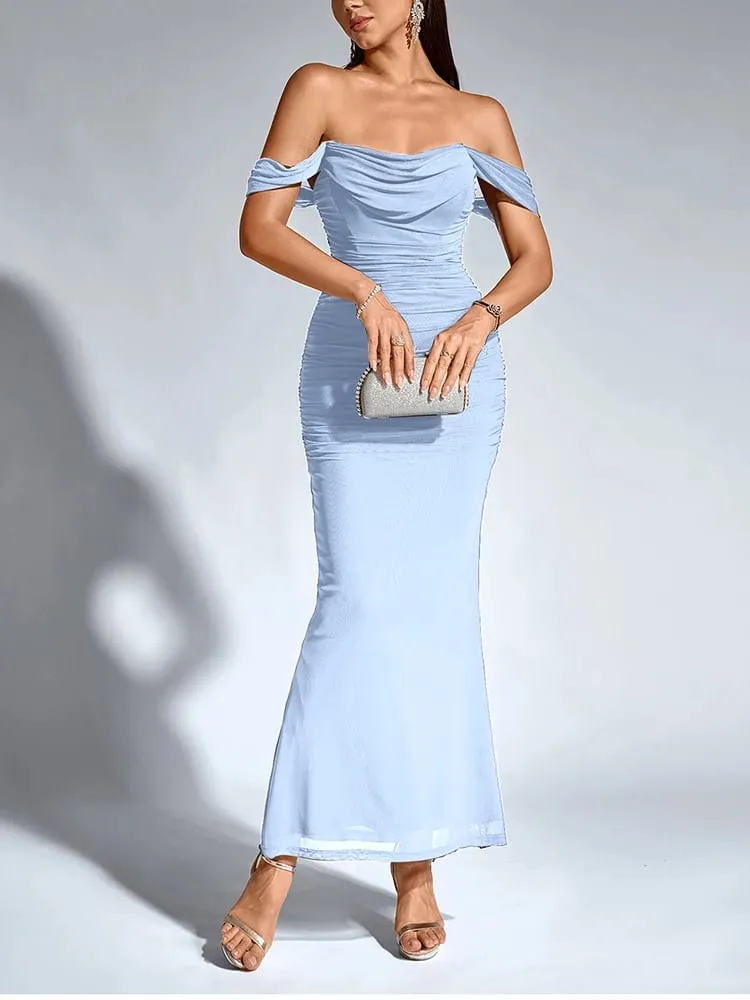 NewAsia Women's Off Shoulder Ruched Mesh Long Corset Dress Backless Fishbone Bodycon Elegant Fashion Party Club Maxi Dresses — image 5
