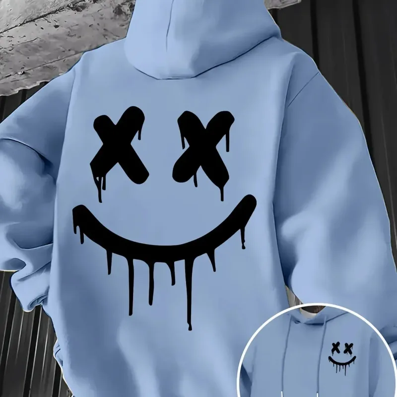 Smiley face print men's and women's autumn winter trendy printed hooded fleece sweatshirt front back casual hoodie