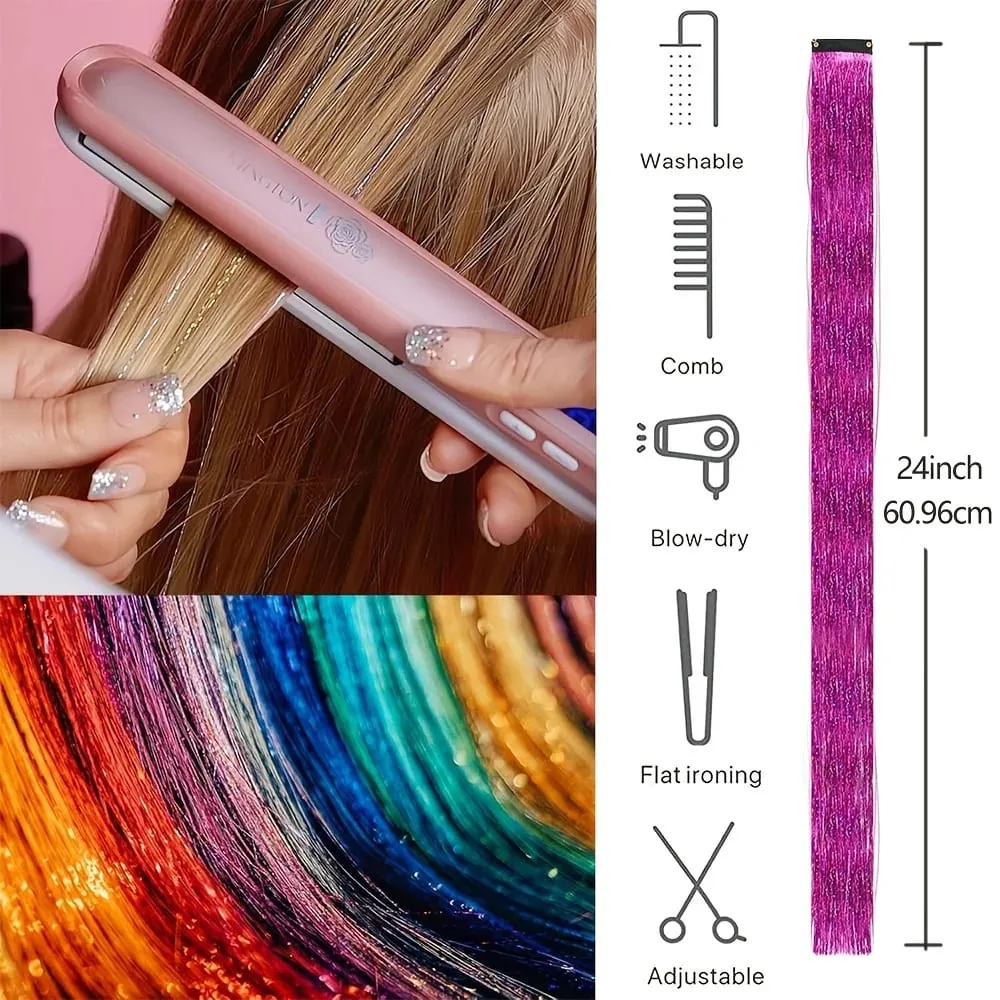 Hair Tinsel Clip in Rainbow Hair Accessories 24 Inch Fairy Hair Tinsel Kit for Women Glitter Extensions Synthetic for Christmas
