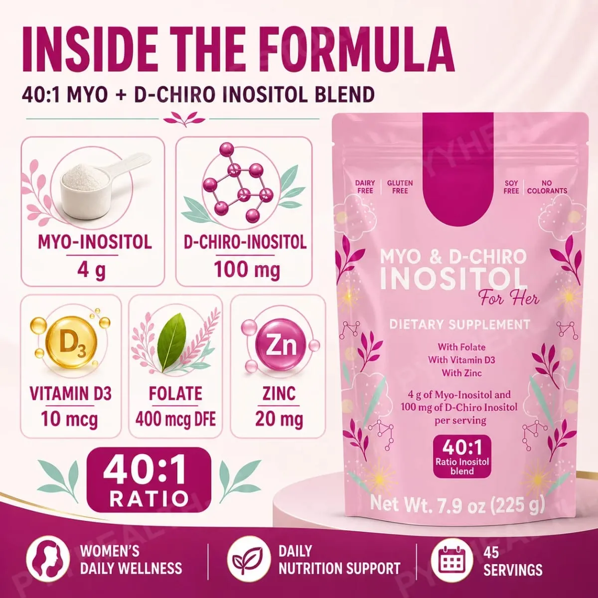 Myo-Inositol & D-Chiro Inositol Powder 40:1 4000mg with Folate Zinc & Vitamin D3 Women's Cycle & Ovarian Wellness 45 Servings